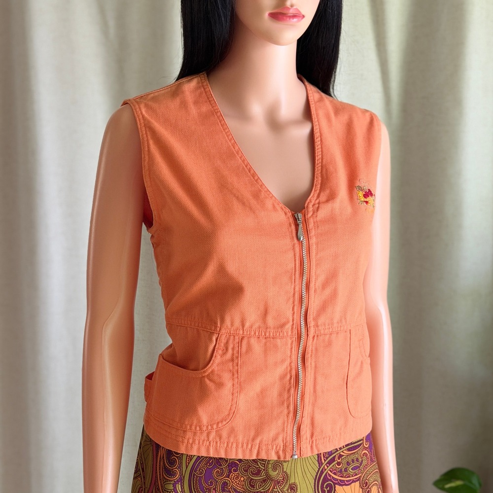 Vtg 90s Epicea Orange Cotton Zip Up Utility Vest Floral Embroidery M Gorpcore